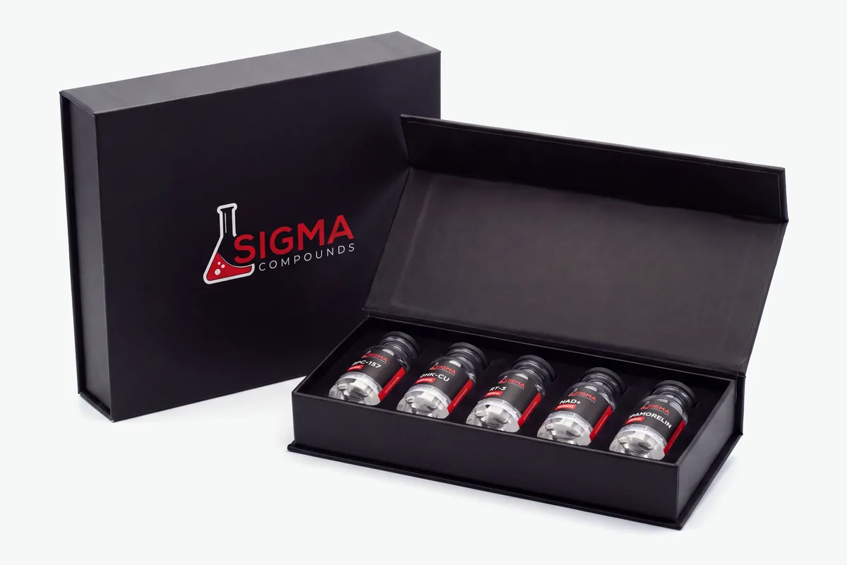 Sigma Compounds gift boxes: the kit box with the red Sigma logo, and an open five-vial box
